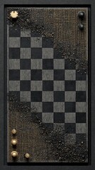 A meticulously crafted chessboard, showcasing a dramatic interplay of dark gray and black squares, contrasted by gold decorative elements, creating a sophisticated and artistic design.