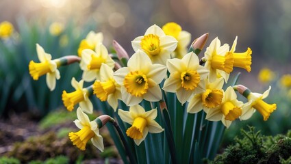 Fototapeta premium Cluster of daffodils with yellow and white petals blooming in spring garden.