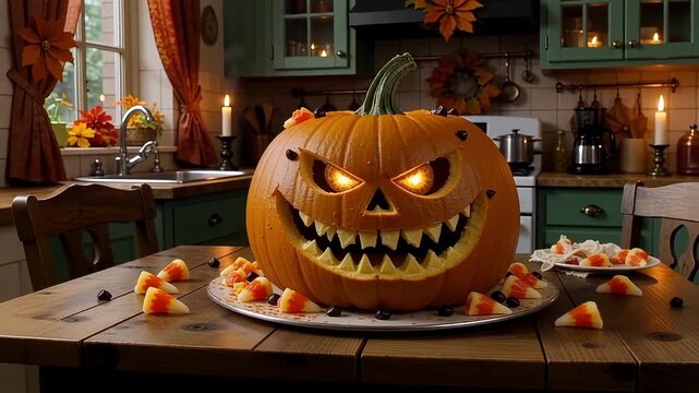 Spooky carved pumpkin with glowing eyes sits on a table surrounded by candy corn, ready for Halloween.
