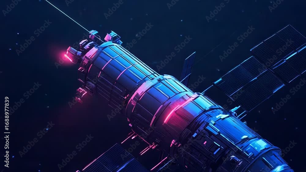 Poster space station floating in space with solar panels deploying