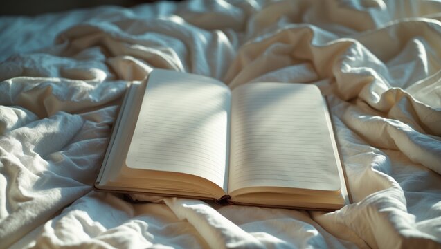 Open notebook on wrinkled bed sheets, sunlight streaming in. Notebook and bedding, concept of relaxation and journaling. The vibe of comfort and creativity.
