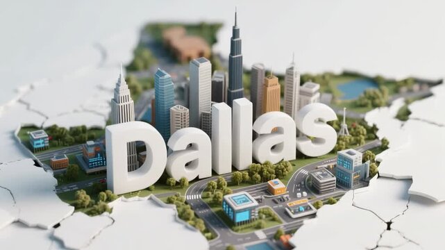 3D model of Dallas city with prominent text and miniature urban landscape featuring skyscrapers, roads, and green spaces.
