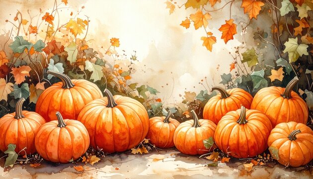 Autumn pumpkins painted in watercolor style among colorful leaves evoking fall harvest traditions thanksgiving celebrations and seasonal cozy countryside atmosphere