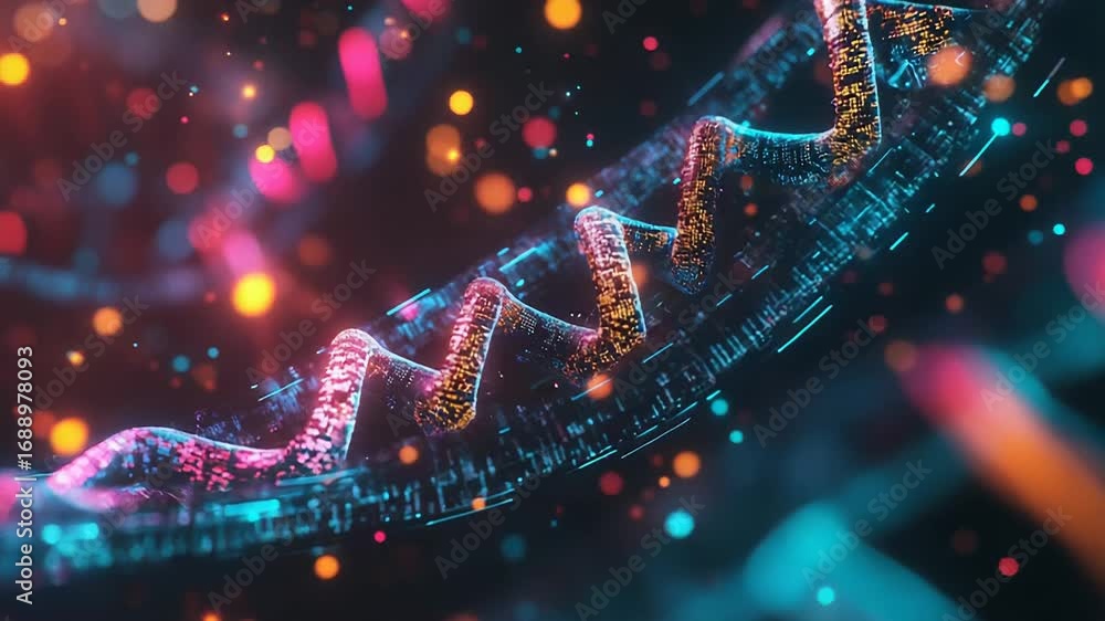 Aufkleber futuristic dna double helix rotating with digital data flowing through