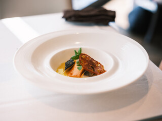 Elegant Gourmet Dish with Fish and Tomato Garnish on White Plate