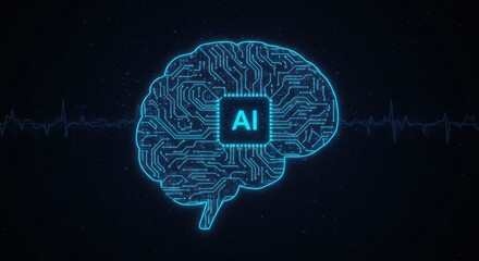 Blue brain outline with ai chip on dark background with waveform lines.