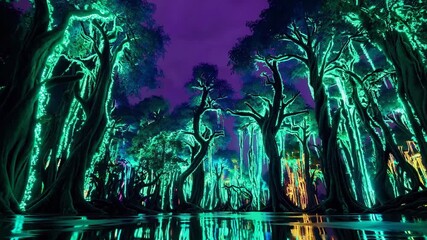 Glowing neon forest with reflective water. Tall tree trunks glow with bioluminescent light. Swamp mirror shows neon reflection and surreal silhouette. Night sky adds fantasy mood and deep glow still. - Powered by Adobe