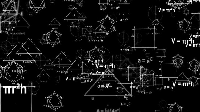 Dynamic Mathematical Formulas And Geometric Shapes On A Black Background An Abstract Scientific Visualization, A Complex And Organized Pattern Of Mathematical Schematics.a Technical, Blueprint-like Ba