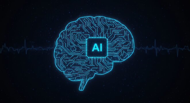 Blue brain outline with ai chip on dark background with waveform lines.
