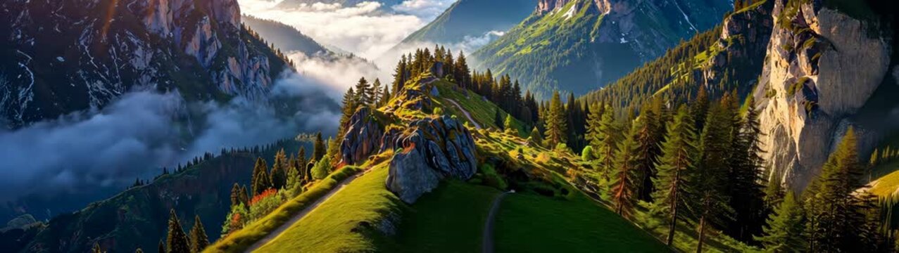 Golden sunlight bathes stunning landscape, revealing dramatic peaks and verdant forests shrouded in ethereal mist.