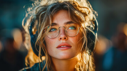 A captivating cinematic portrait of a young woman in stylish glasses, wearing headphones, gazing thoughtfully in a lively city street setting.
