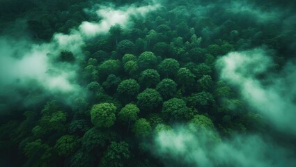 Fototapeta premium Aerial view of dense forest with green trees and scattered clouds.
