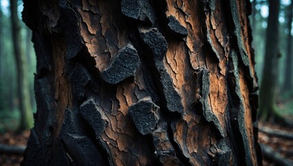 Close-up of tree bark showing burnt and charred textures in the forest.