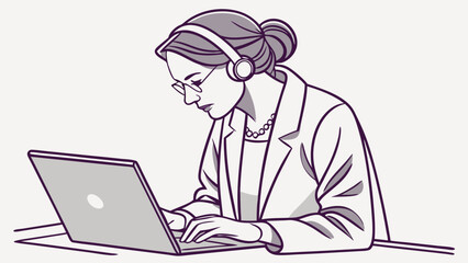 Woman working on laptop wearing headphones line art illustration professional business office technology communication.