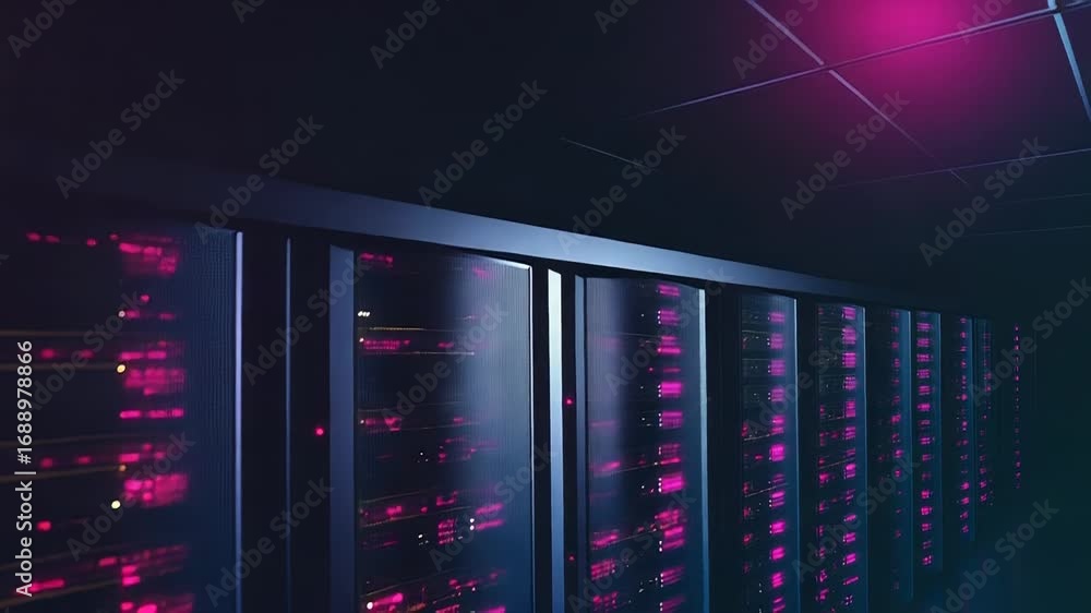 Poster server room blinking with purple and orange lights in datacenter