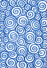 An abstract pattern of many blue spirals of different sizes, drawn on a white background. The spirals are located close to each other, creating a sense of movement and an endless vortex.