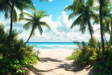Fototapeta premium Serene tropical beach with palm trees under a clear blue sky and soft white clouds