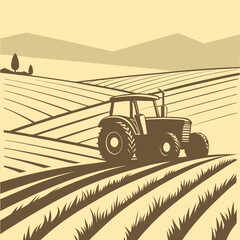 Tractor on a sepia toned agricultural landscape farm