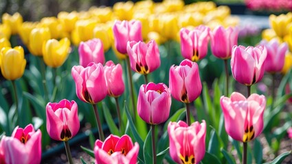 Fototapeta premium Colorful tulips in a garden with pink and yellow blooms. Flowers, nature, and springtime scenery. A vibrant display of flowering plants in full bloom.