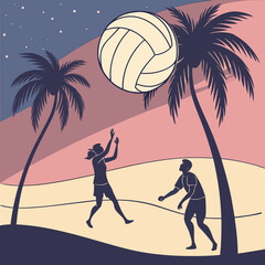 Silhouette of people playing volleyball on beach at sunset