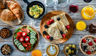 Breakfast served with coffee, eggs, cereals nd croissants
