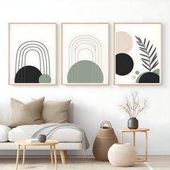 This minimalist boho wall art vector set features abstract geometric shapes, curved lines, circles, and organic leaf silhouettes in neutral colors, perfect for living room or bedroom decor. © Parvin