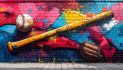 Naklejka premium Vibrant baseball mural on brick wall featuring bat, ball and glove illustration