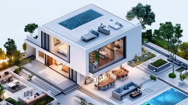 Modern sustainable house with swimming pool and garden at dusk