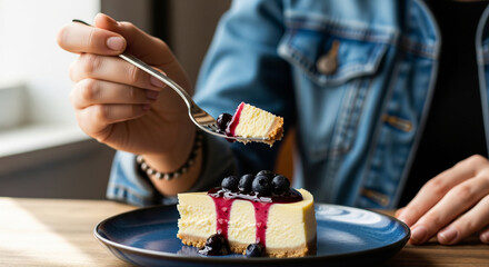 Close-up of a person enjoying a slice of cheesecake topped with blueberry sauce. A fork with a piece of cheesecake is held above the plate, showing creamy texture and rich topping.