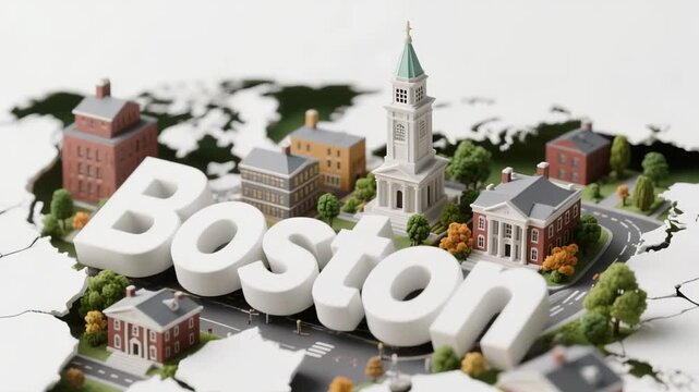 Dynamic 3D animation featuring the word 'Boston' with miniature historic buildings, streets, and trees unfolding on a stylized, cracked map. Ideal for travel, history, and education themes.