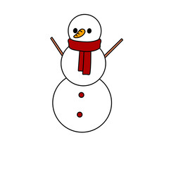 A cartoon snowman with a red scarf and carrot nose