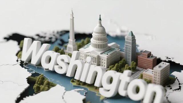 3D map rendering of Washington D.C. with iconic landmarks and the city name, representing the US capital.