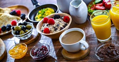 Breakfast served with coffee, eggs, cereals nd croissants