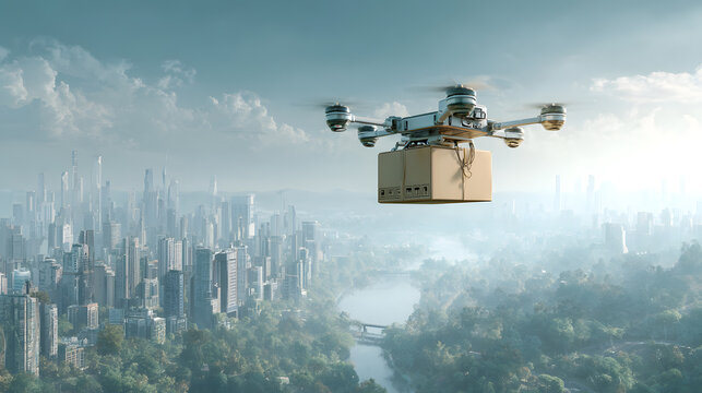 futuristic delivery drone carrying a package over modern city