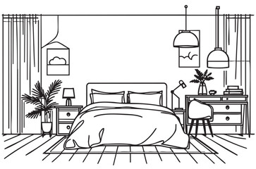 Cozy bedroom linear interior with furniture isolated on white background