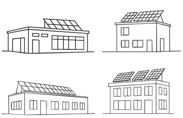 Eco house with solar panels. Set. Line doodles sketch