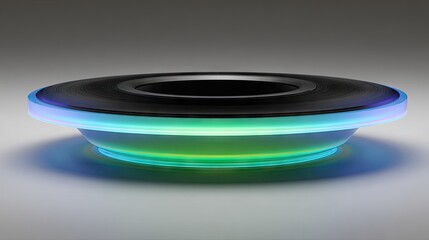 A sleek, circular object with vibrant, multicolored LED lights encircling its edge.