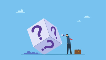 Businessman with magnifying glass analyze dice with question mark. Random or chance to win, gamble, risk management or analyze opportunity, prediction or forecast future, unknown or uncertain.