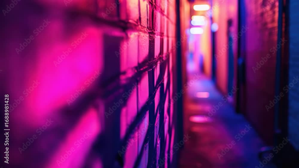 Poster a dimly lit hallway with a single red light source on the wall, creating an eerie atmosphere