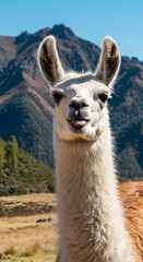 Fototapeta premium Playful Llama Tongue Out in Mountains