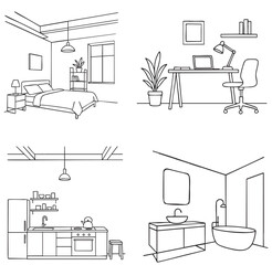 Bathroom, kitchen, bedroom and workplace interior vector drawing set, line sketch