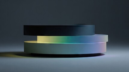 A minimalist, abstract display podium with concentric, circular forms, showcasing a gradient of pastel colors and a dramatic lighting effect.