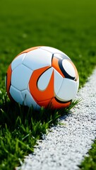 Fototapeta premium Generative AI soccer ball resting on the field line.