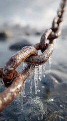 Rusty chain submerged in water with icicles forming on links during winter