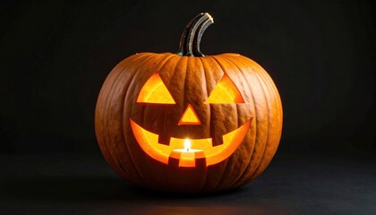 Fototapeta premium Jack-o'-lantern with glowing candle in dark background for Halloween