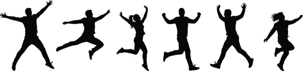 Silhouettes of energetic people jumping and running, active male and female figures in motion, fitness and celebration vector concept.