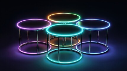 Four glowing, circular tables, with vibrant neon rings, create a dynamic presentation against a dark background.