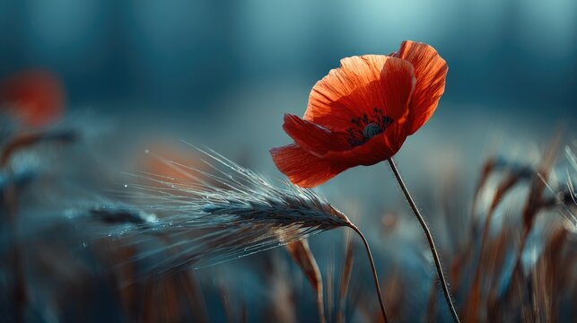 Red poppy with wheat ears - Powered by Adobe