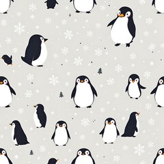 Obraz premium Playful Penguin Pattern Winter Wonderland with Snowflakes and Cute Penguins.