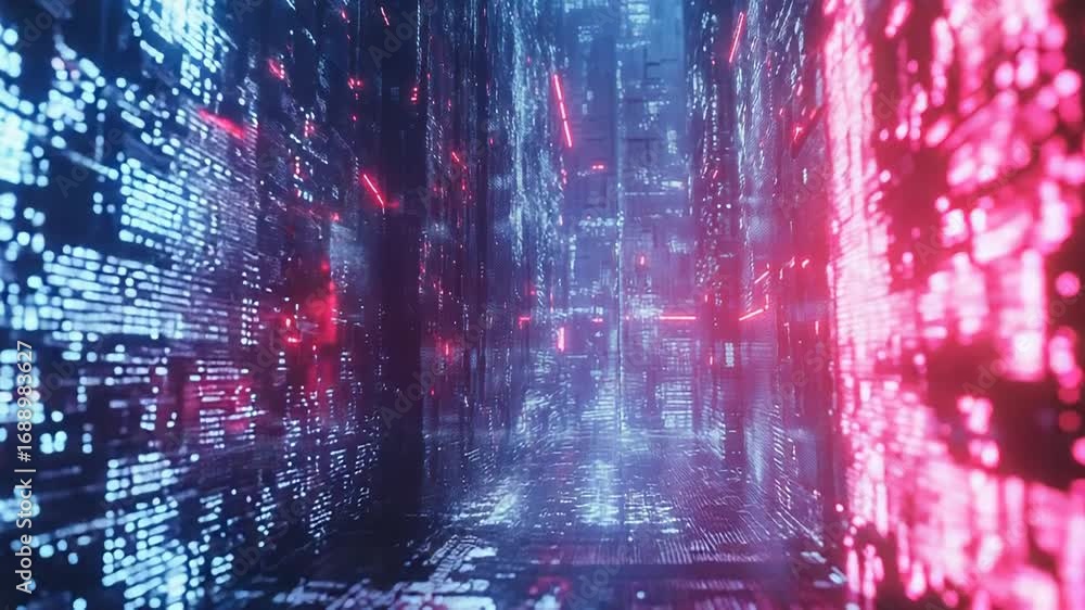 Poster digital information flows through cyberspace creating a futuristic cityscape